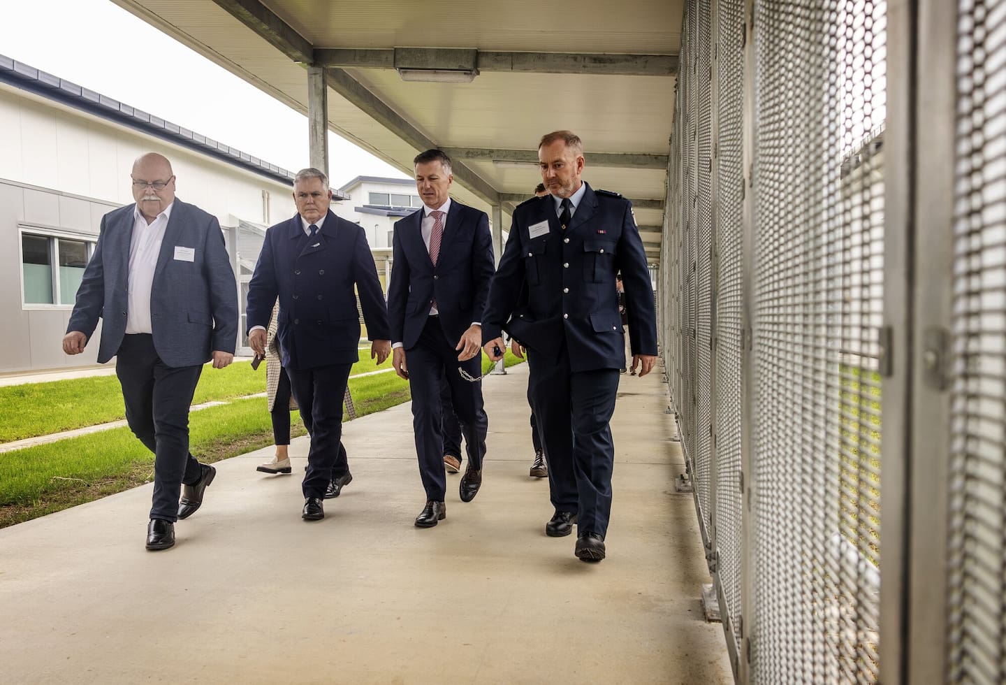 Department of Corrections prison manager Jack Harrison (left), Corrections Minister Mark Mitchell, Department of Corrections chief executive Jeremy Lightfoot and Waikeria Prison general manager Jim Watson touring the new facility. Photo / Mike Scott