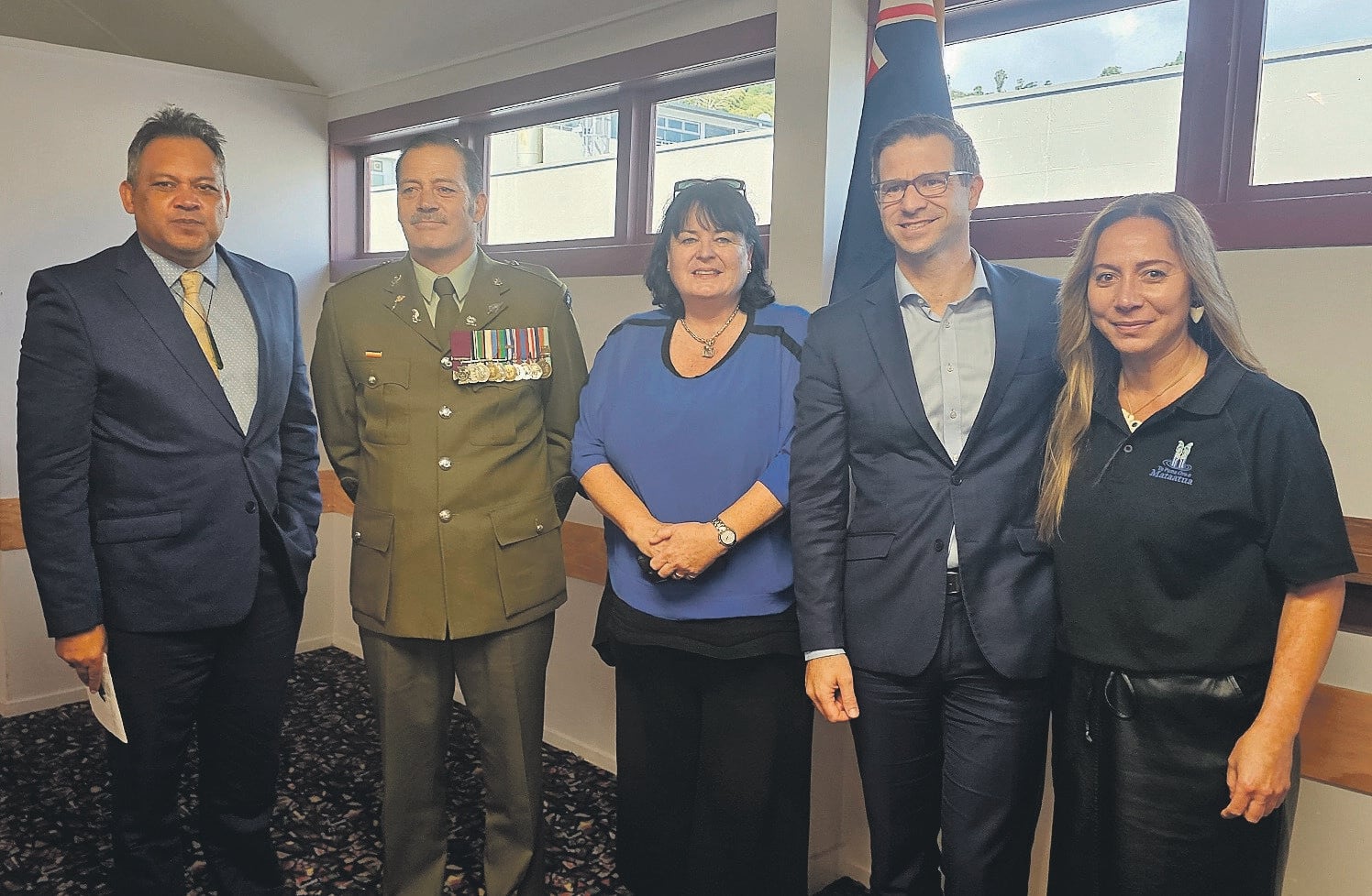  Army Reserves Major Vincent Copeland, left, was MC for a formal visit of Whakatāne RSA attended by Warrant Officer Willie Apiata, East Coast MP Dana Kirkpatrick, Minister for Veterans Chris Penk and Te Puna Ora o Mātaatua executive team member Frances Te Kani.