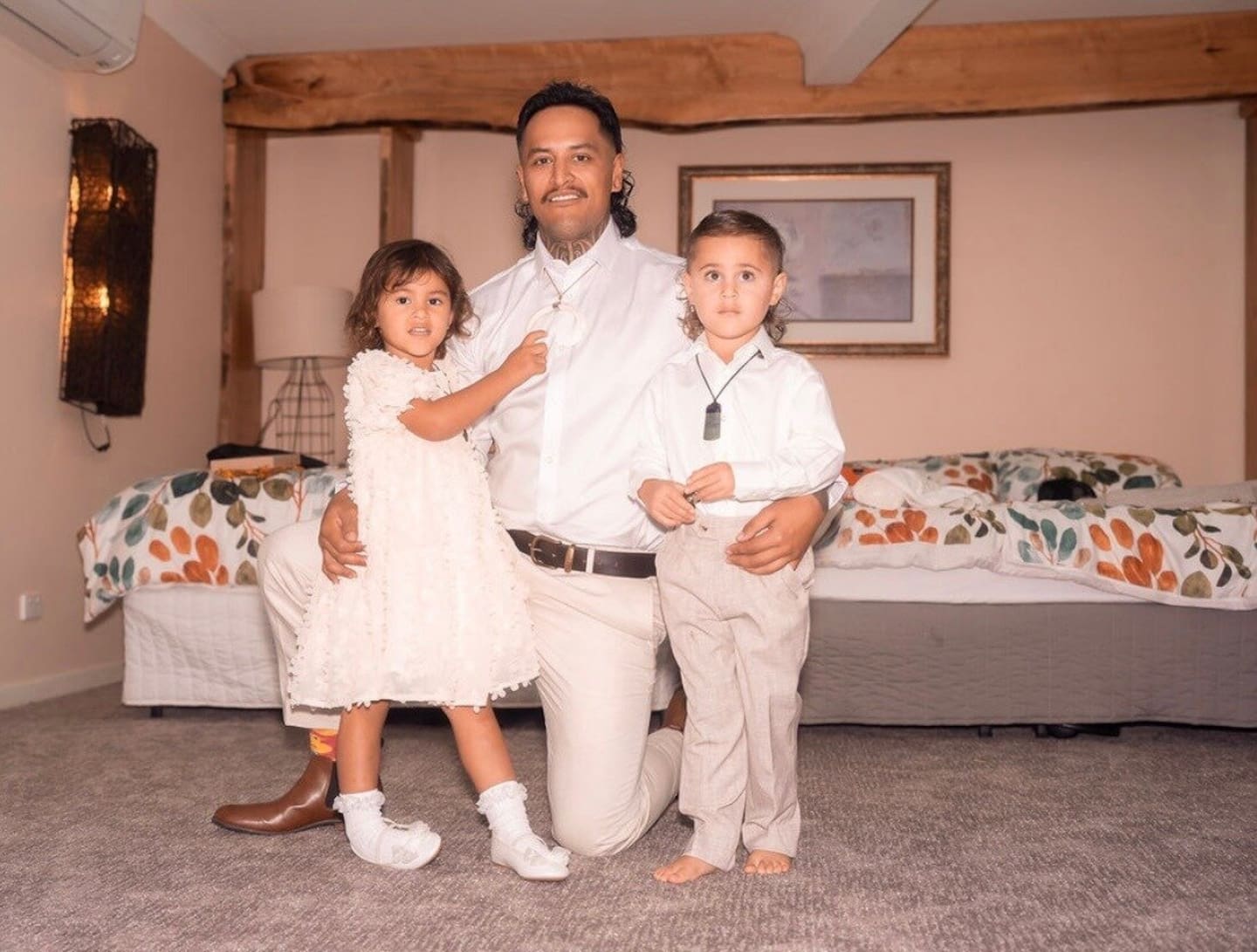 Taranaki-raised Chad Kahui with his 3-year-old daughter Pippa and 4-year-old son Luca who were both born in Australia.