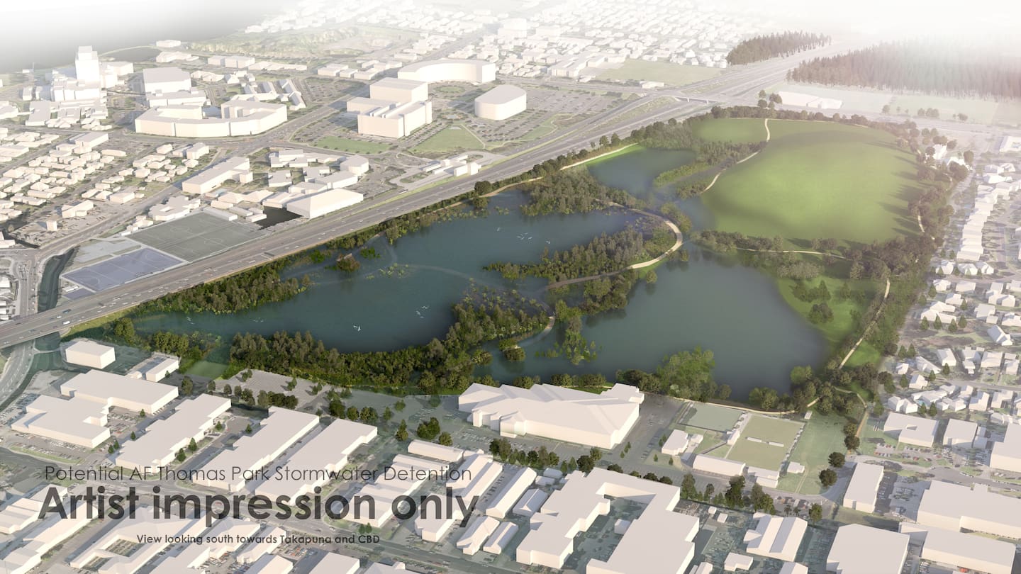 When the floods come: Artist's impression of the new wetland proposed by Healthy Waters on the land currently occupied by the Takapuna Golf Course, showing it in a flooded state.