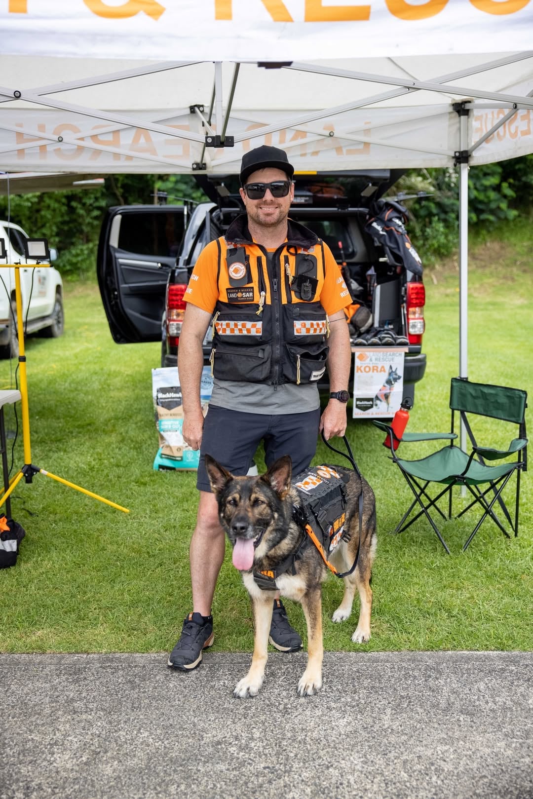 Kora and her handler Nick Petry have been involved in the search effort for the six people unaccounted for in the Mount Maunganui slip. Photo / Rescue, Revive Rehome Bay of Plenty.