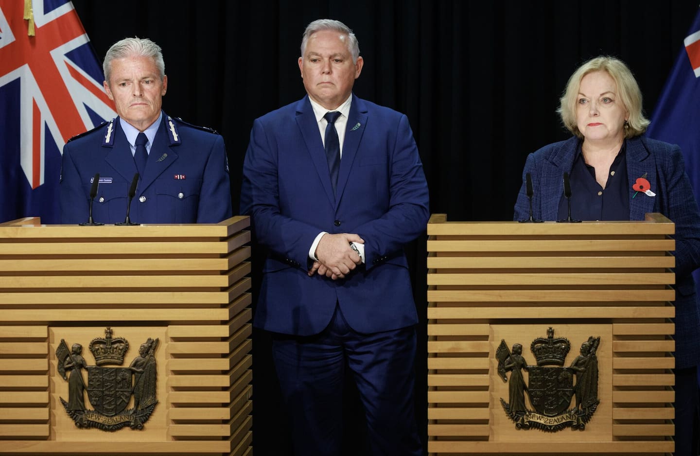 Police Commissioner Richard Chambers (from left), Police Minister Mark Mitchell and Public Service Minister Judith Collins fronted a press conference about the IPCA report. Photo / Mark Mitchell