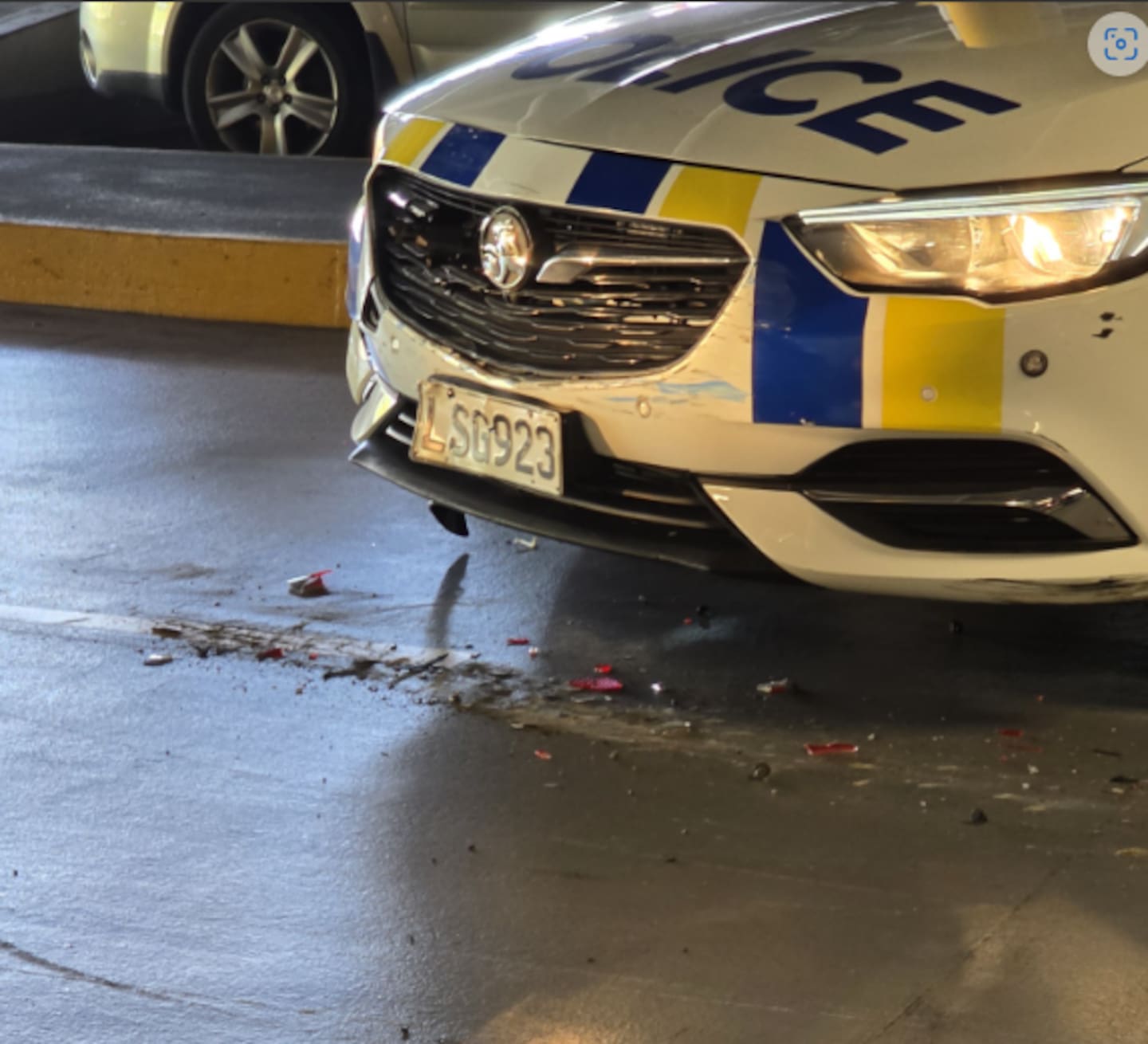 A police vehicle with damage after a pursuit across Auckland. Photo / Kenneth VanHouse