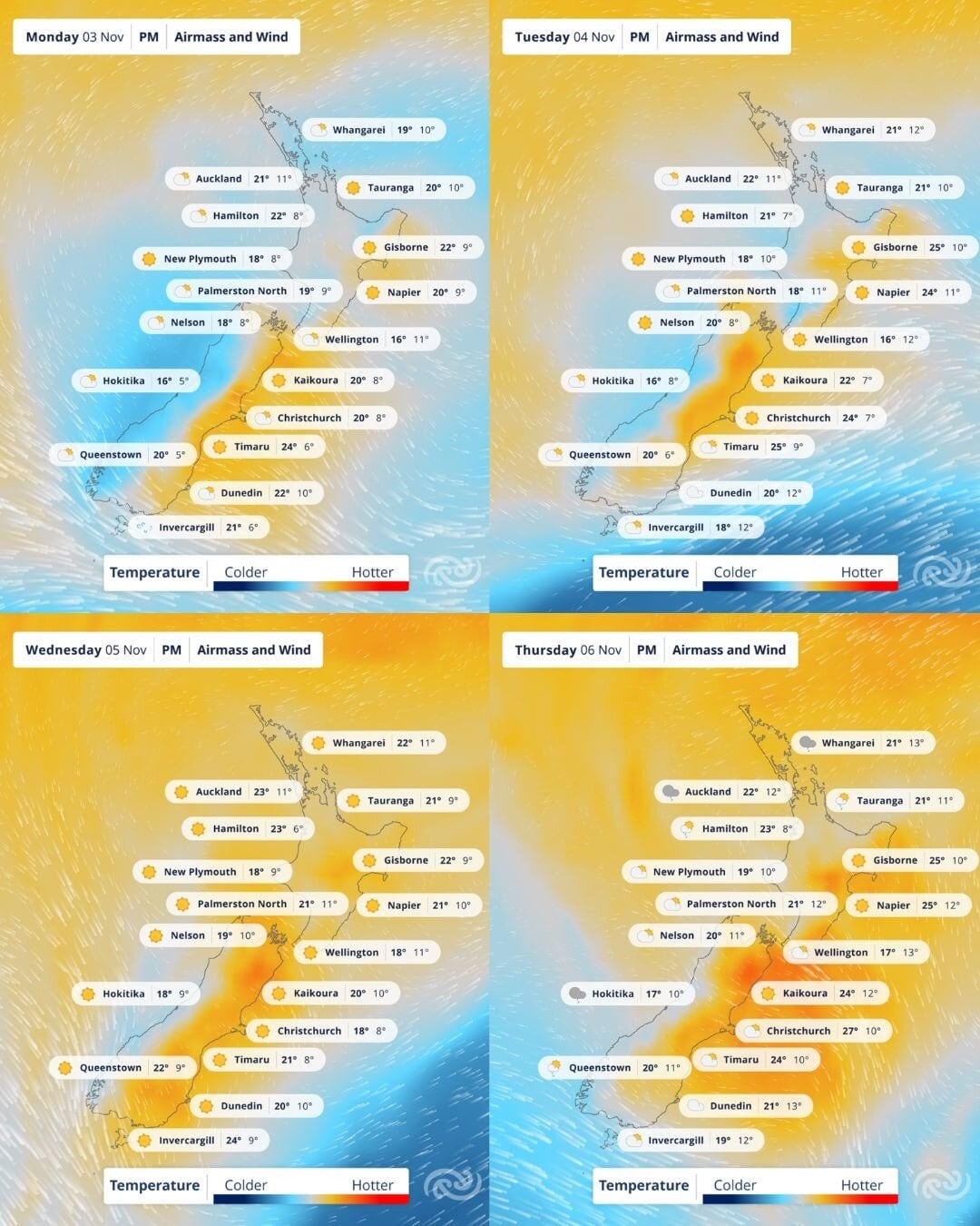  A map comparing Monday's weather to todays. Image / MetService