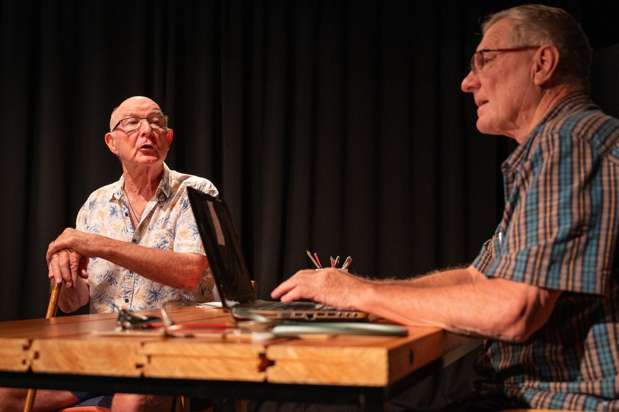 Dick Brown as Mr Adams is sorely testing the patience of Dr Robertson, played by Gordon Cliff in ‘Next’ written by Dolly Varden-Chambers. Photo/David Hall.