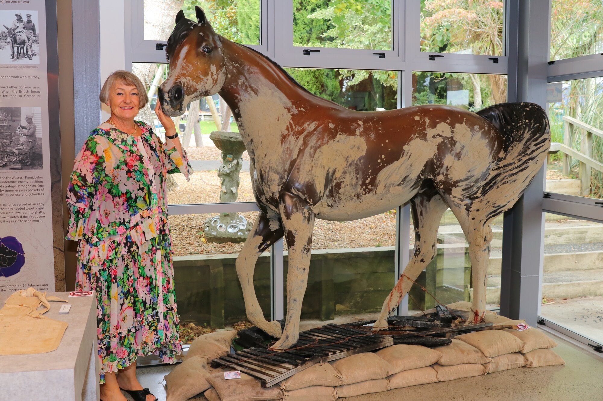  Manager Paula Gaelic with a horse sculpture, recognising how millions of animals served and died in the world wars &ndash; part of Unexpected Heroes on display at Western Bay Museum. Photo / Kelly O&rsquo;Hara