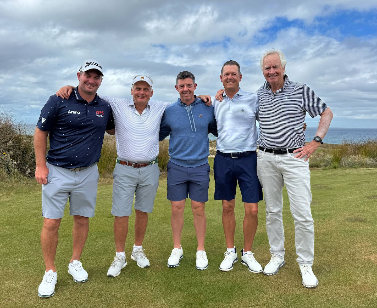 Golf buddies Ryan Fox (from left), Jimmy Dunne, Rory McIlroy, Jim Rohrstaff and Ric Kayne. Team New Zealand (Fox and Rohrstaff) earned the victory at Tara Iti.