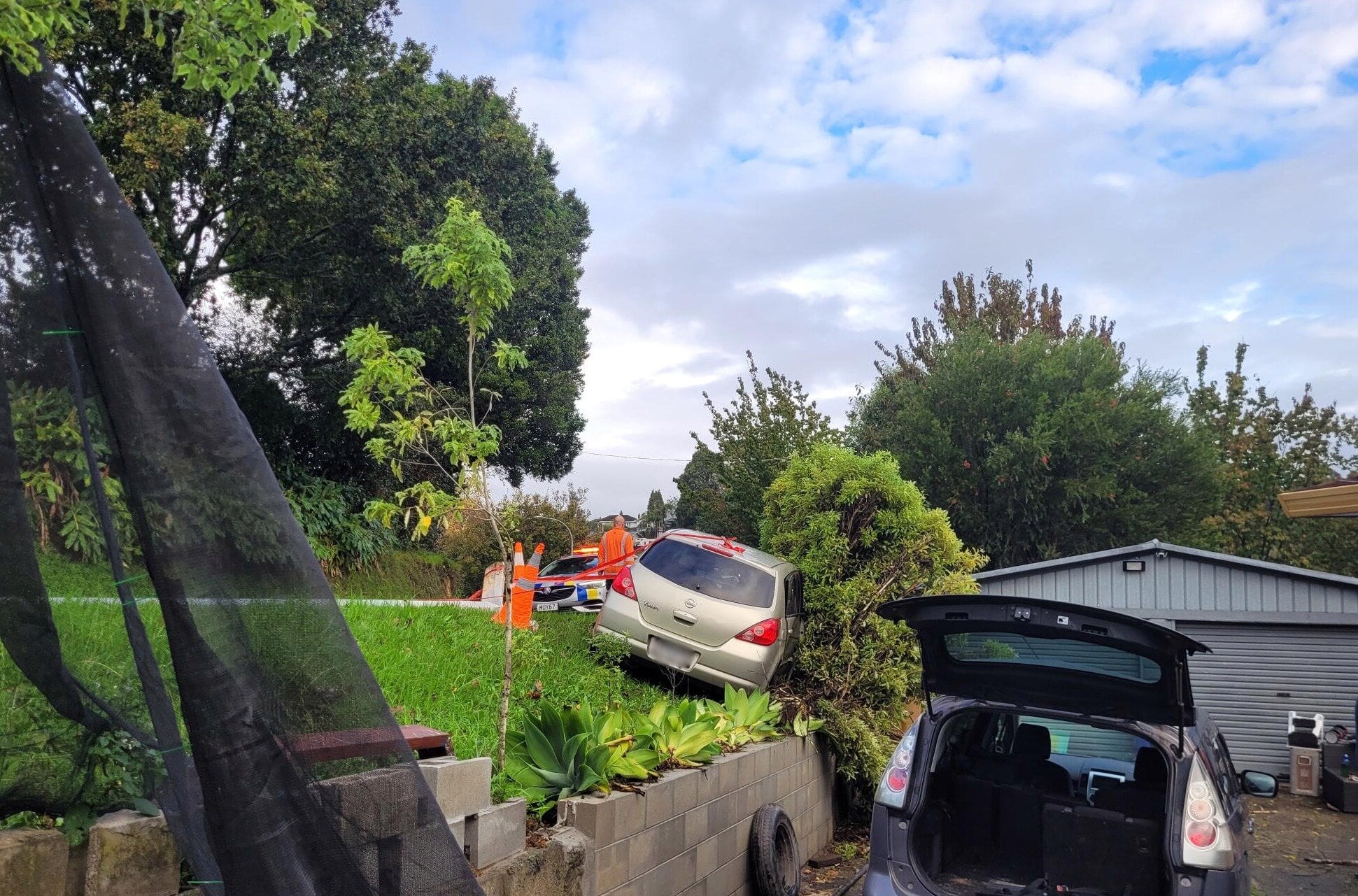 Another crash that damaged a streetlight and trees of a home in Courtney Rd in Gate Pā.
