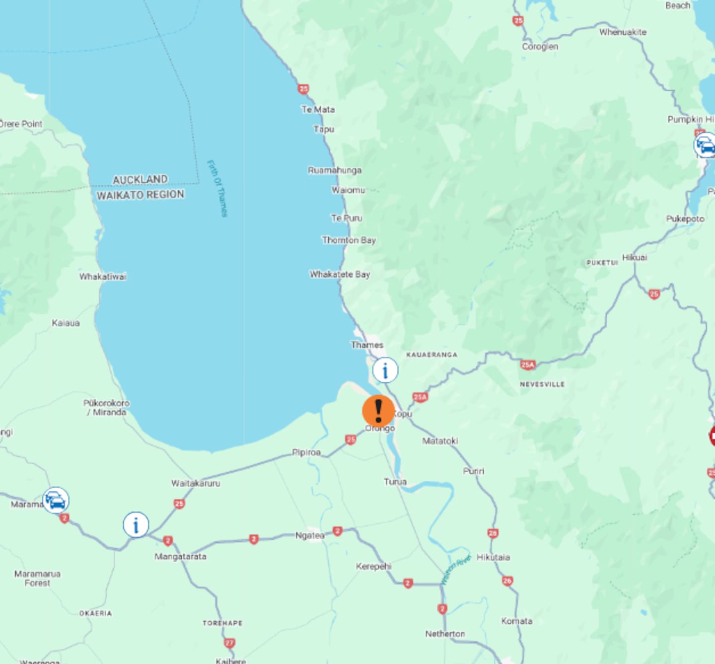 The SH25 crash at Orongo is diverting traffic off the Waihou River bridge. Photo / NZTA