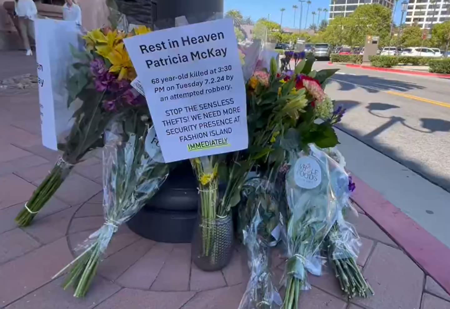 Floral tributes were laid for Trish McKay outside the California mall. Photo / X