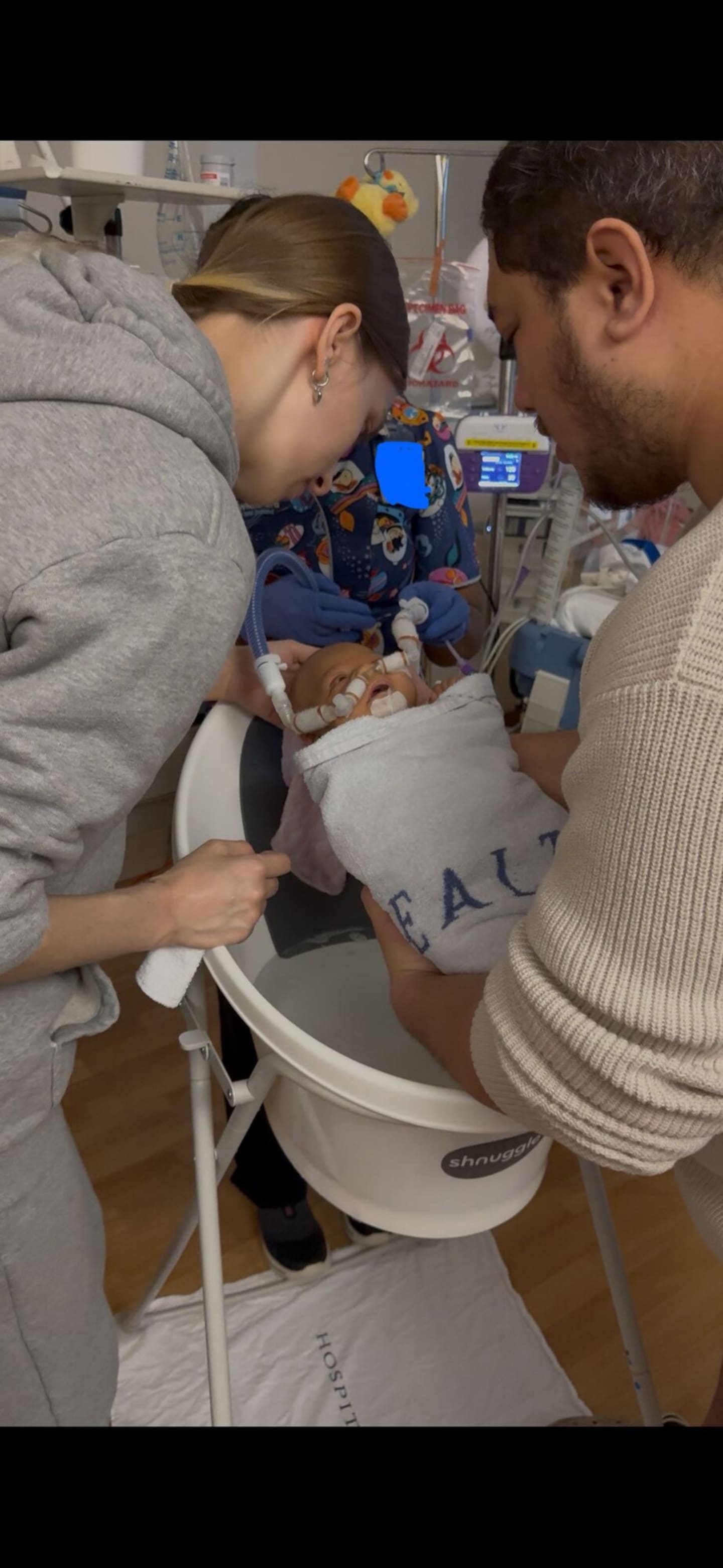 As Sophie has become stronger, her parents Octaviah Jackson and Reece Neho have been able to interact with her more, including giving her her first high-flow bath last week.