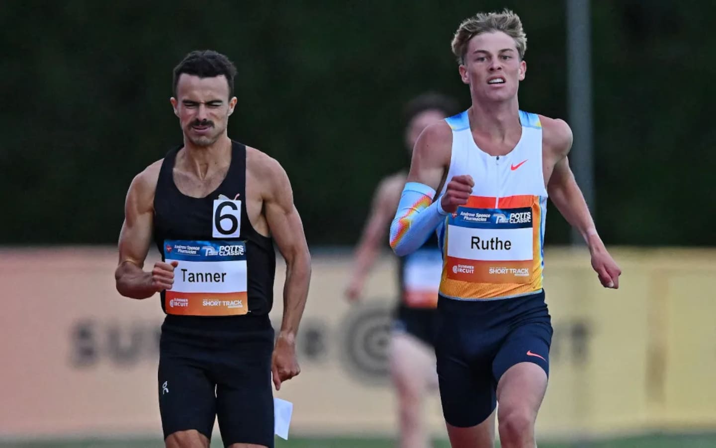 Sam Tanner (left) and Sam Ruthe competing in the Potts Classic 800m at Mitre 10 Park, Hastings. Photo / Photosport