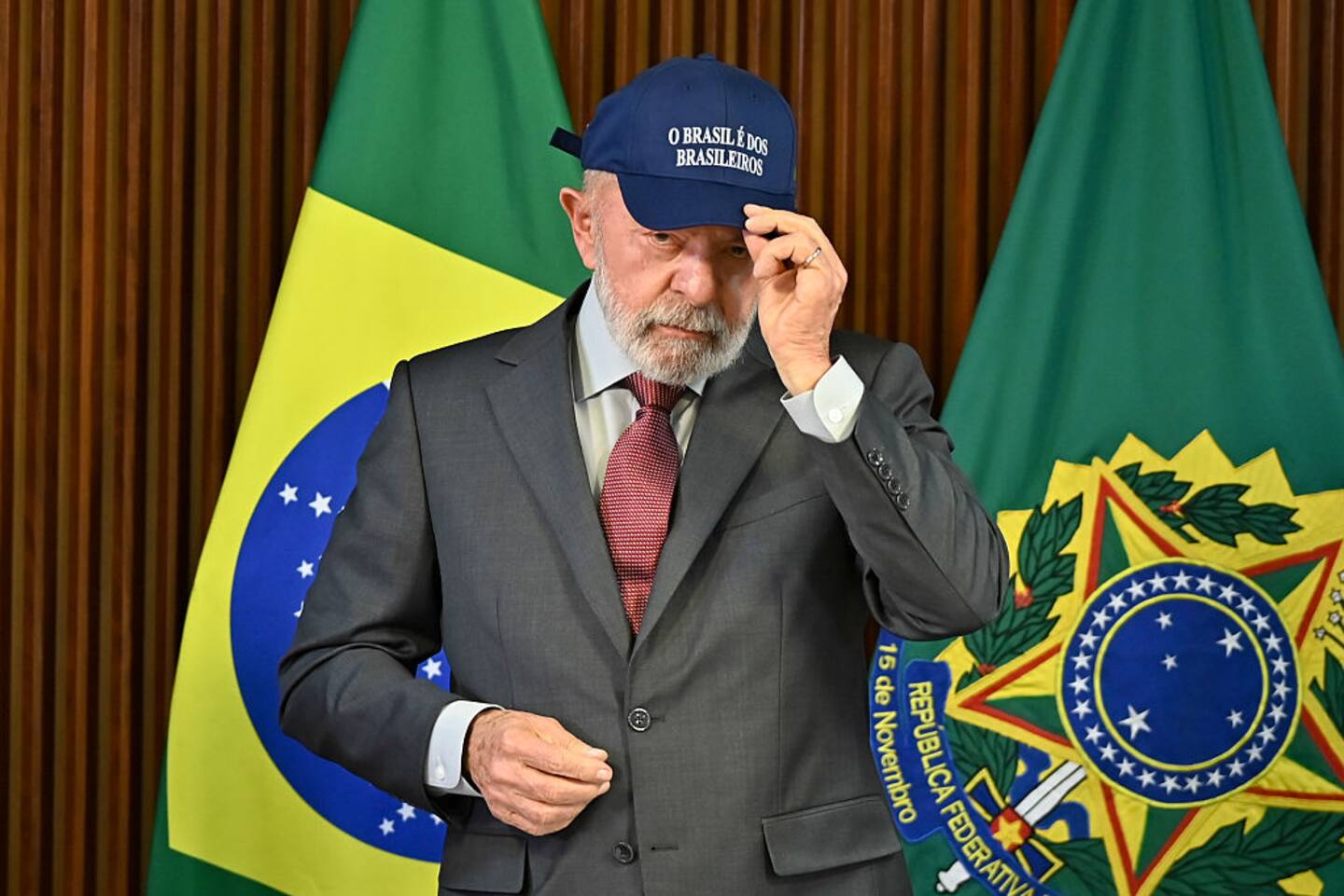 Lula and several of his ministers wore caps inscribed “Brazil belongs to Brazilians”. Photo / Getty Images