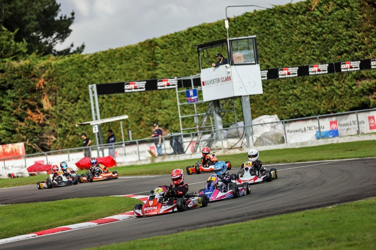 Charlie Clarke and Nico Thomasen racing each other recently at the final round of the NZ ROK cup in Palmerston North.