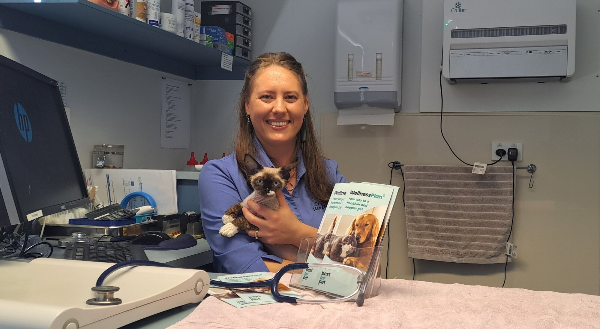 Tauranga vet Mariska Chalmers at Vetcare Bethlehem with one of the clinic's clients, Loki. Photo / Sandra Conchie