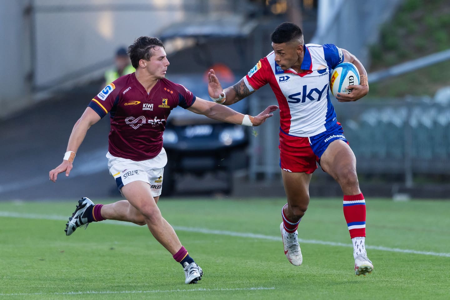 Moana Pasifika winger Solomon Alaimalo on the charge against the Highlanders. Photo / Photosport