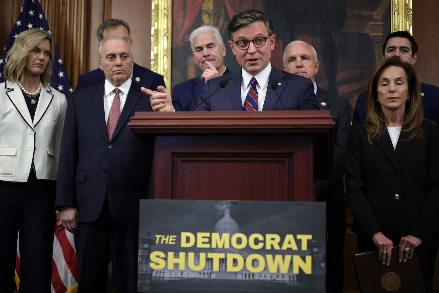 US Speaker of the House Representative Mike Johnson (centre) speaks during a news conference with the House Republican leadership on reopening the government at the US Capitol. Photo / Getty Images