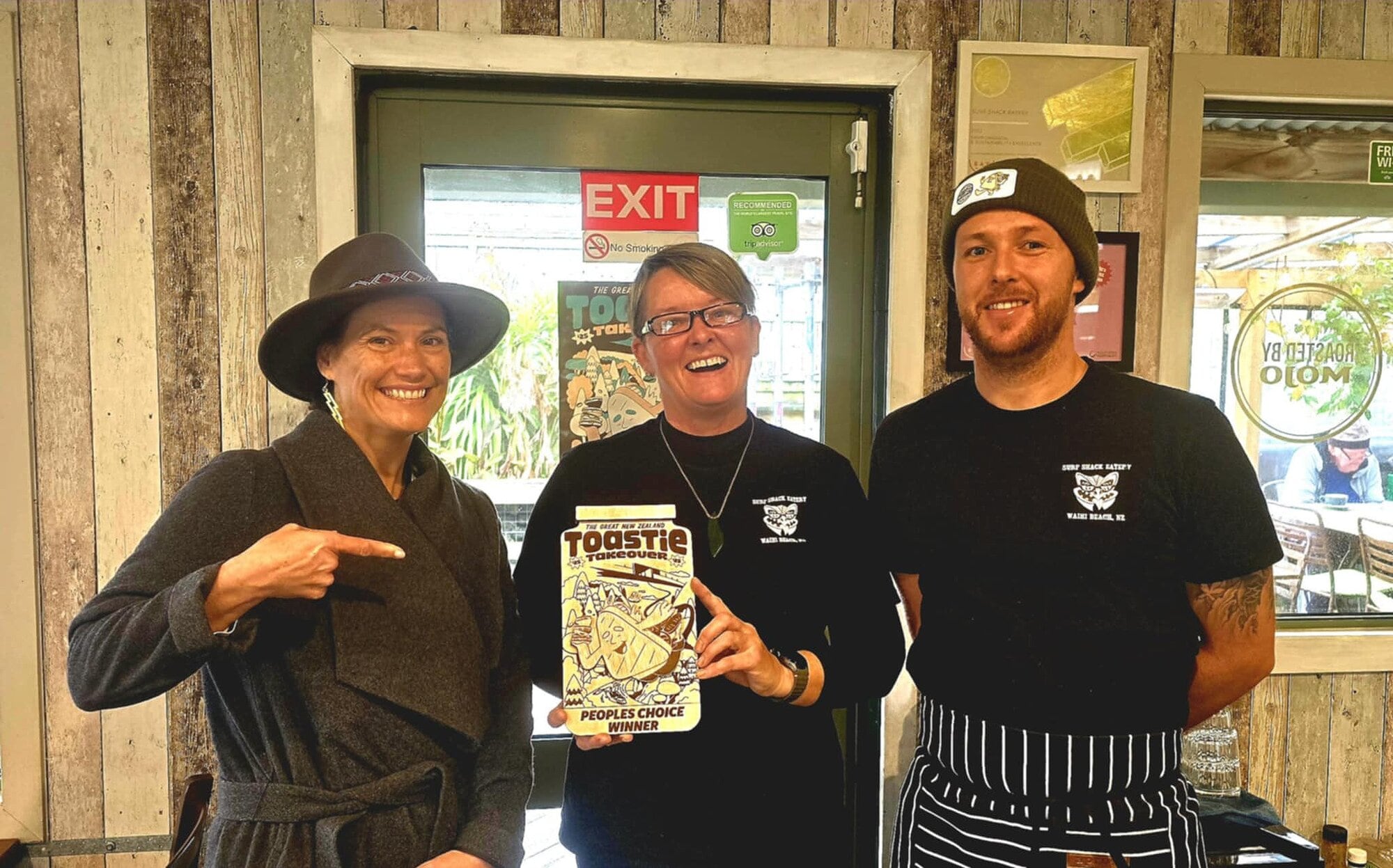Cook and Nelson business ambassador Deirdre Dawson, Surf Shack co-owner Jo Coombes with head chef and head toastie ‘honcho’ Brad Major, who is also Jo’s son. Photo / Supplied.