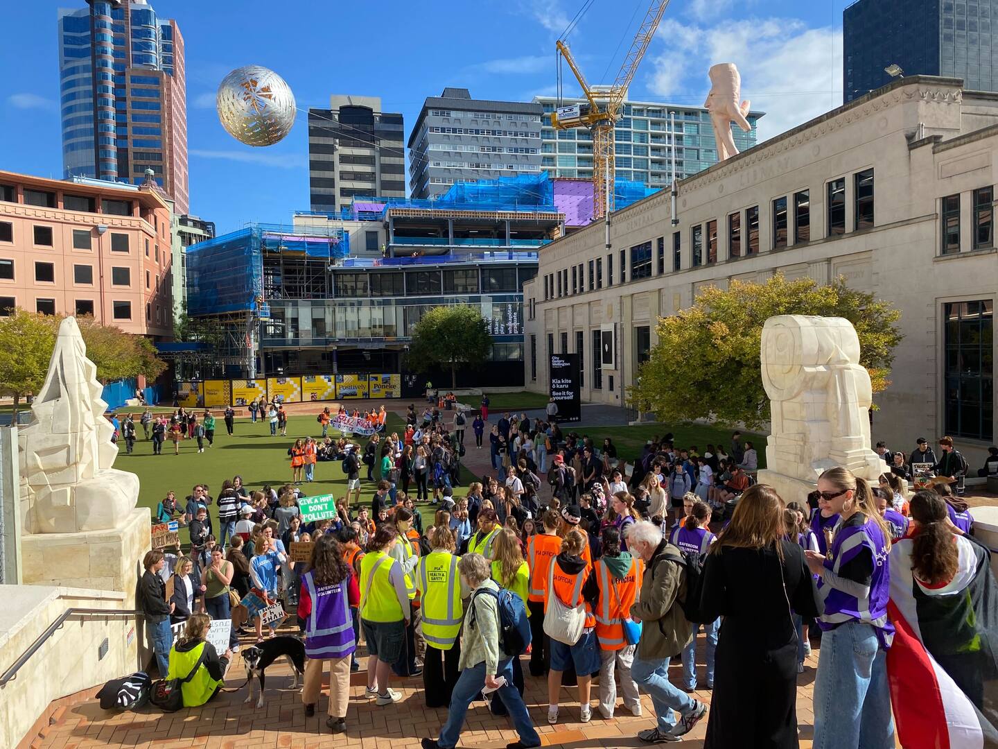 School Strike 4 Climate participants gathering in Wellington's Civic Square before a lunchtime march to Parliament. Photo / Ethan Manera
