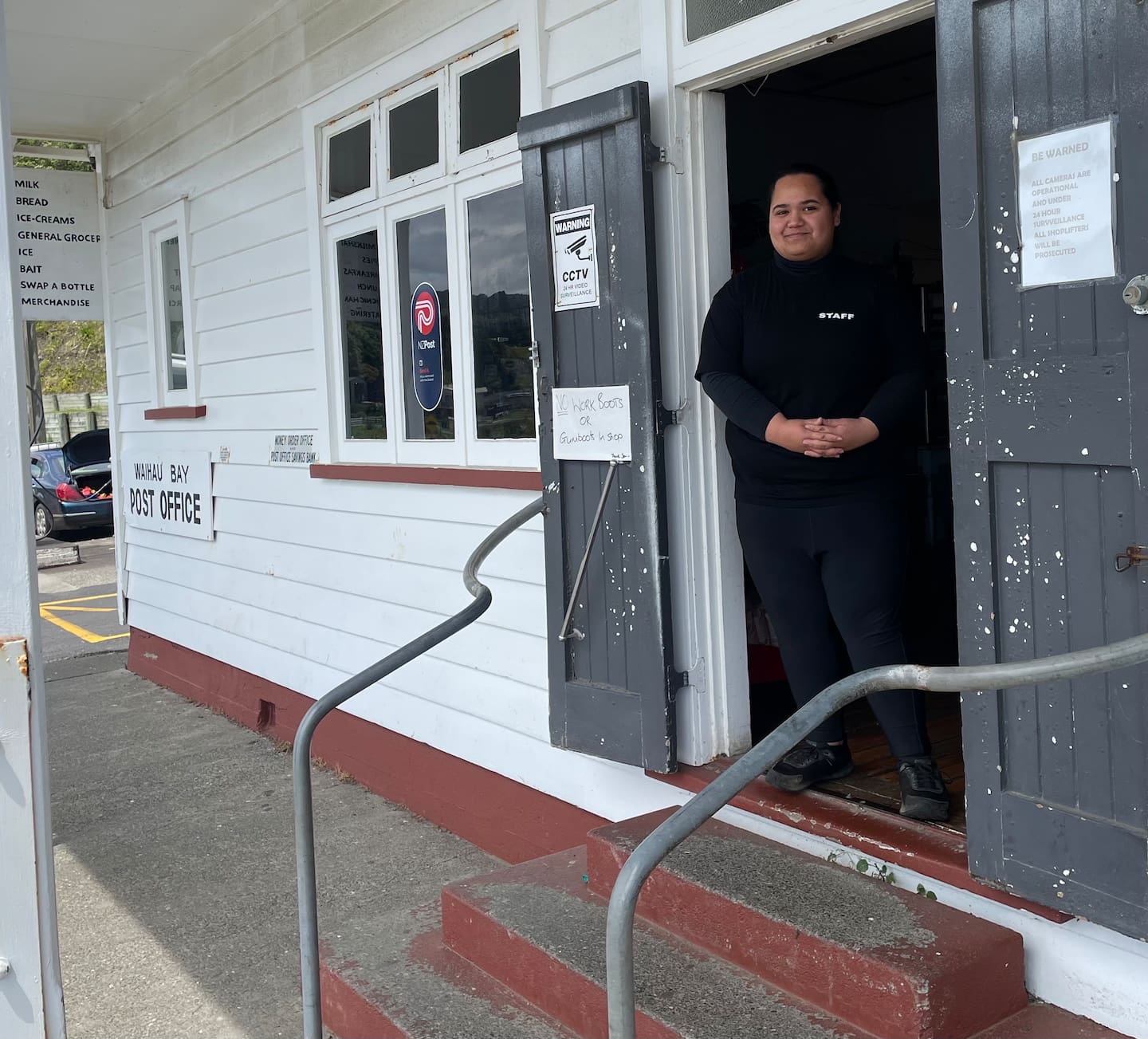 Haven Benton at the Waihau Bay store - she featured as a small child in the movie Boy.