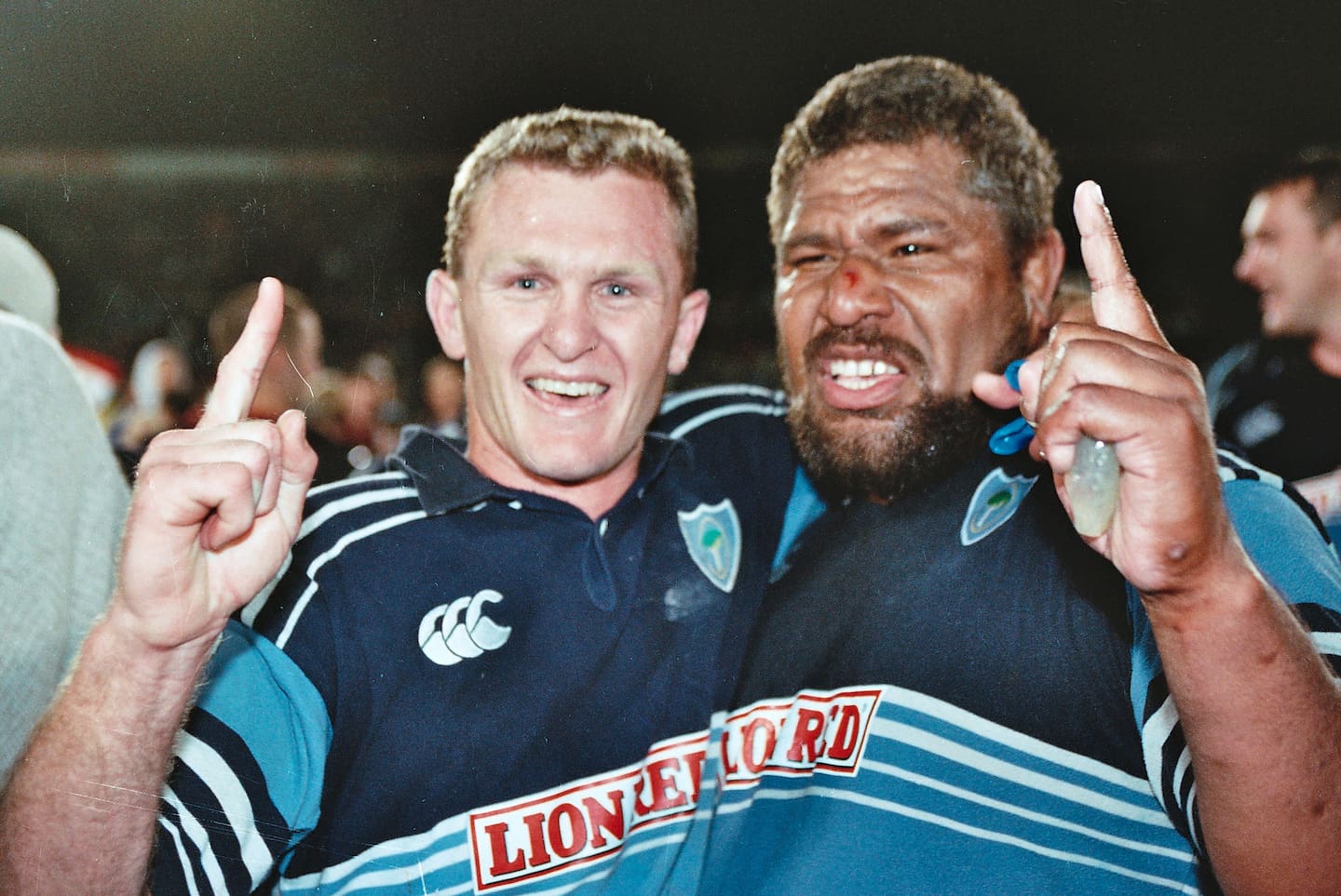 Tony Monaghan, left, and Joeli Veitayaki show their delight at Northland winning the Second Division final in Whangārei in 1997.
Photo / John Stone