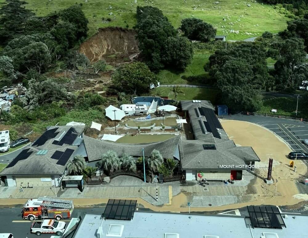 Damage to the Mount Maunganui Beachside Holiday Park and nearby hot pools after a slip.
