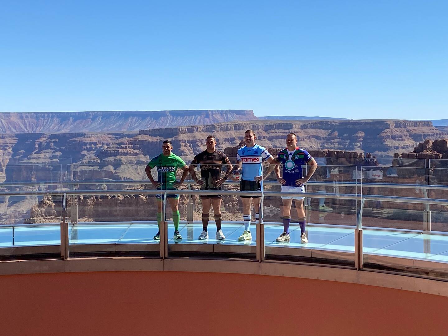 Warriors second-rower Jackson Ford joins the three other team representatives at the Grand Canyon ahead of NRL Las Vegas. Photo / Michael Burgess