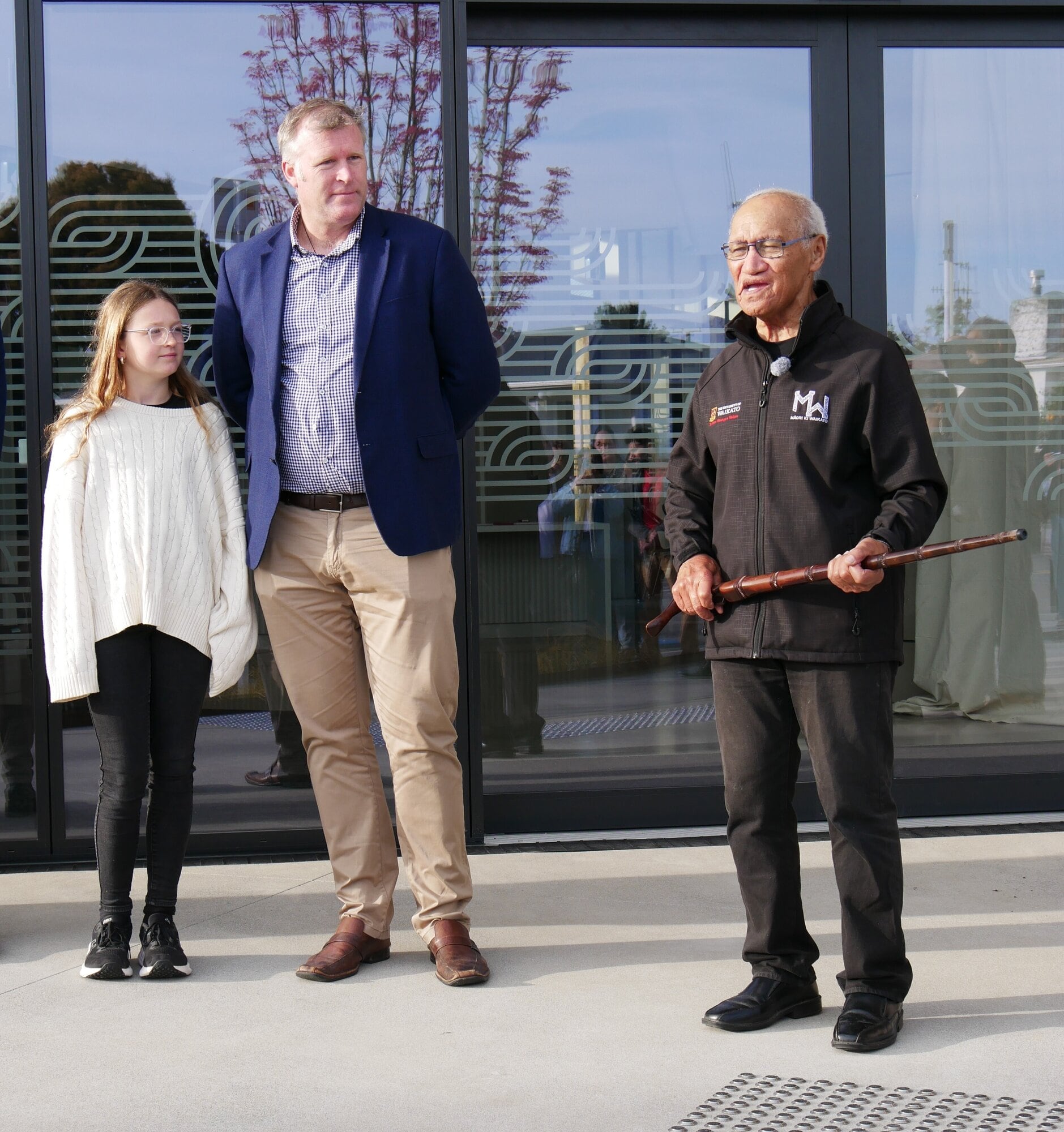  Mayor Mahé Drysdale, his daughter Bronte and Tamati Tata at the blessing. Photo / Tauranga City Council