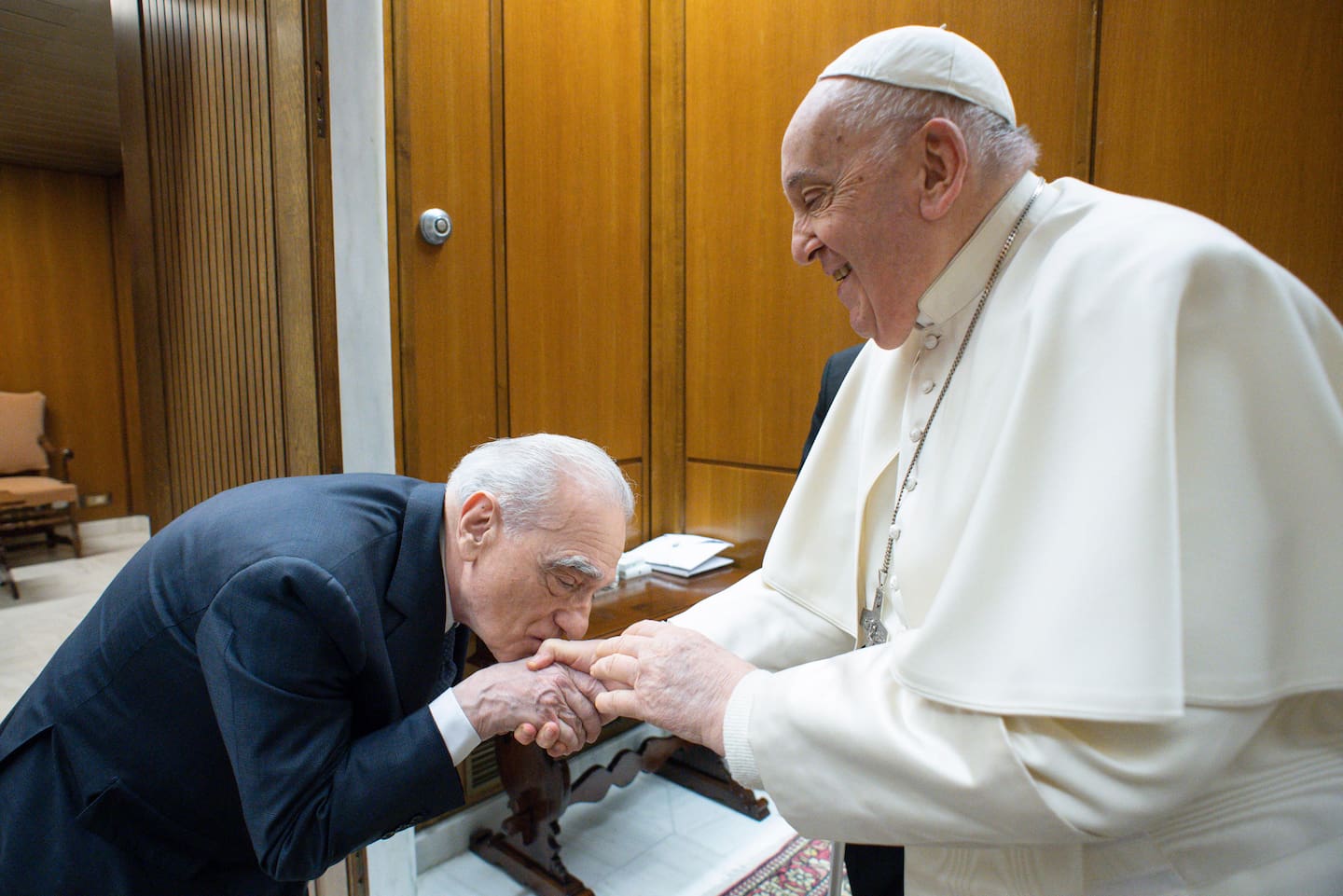 Pope Francis meeting with American filmmaker Martin Scorsese at Vatican City in January 2024. Photo / Getty Images