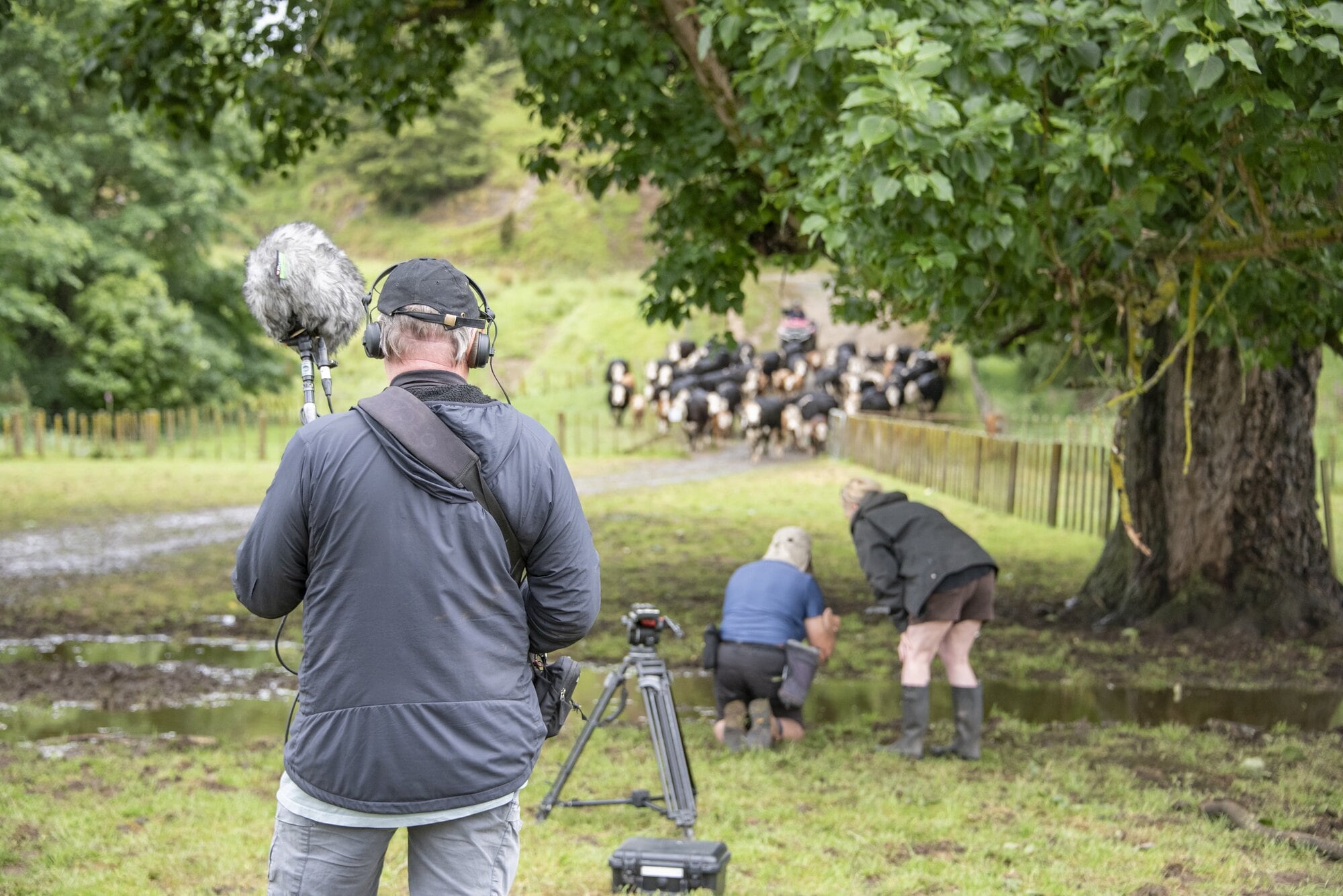  Sound recordist Don Paulin, left, DOP Steve Fisher and director Roz Mason film a mob coming down to the yards. Photo / Catherine Fry
