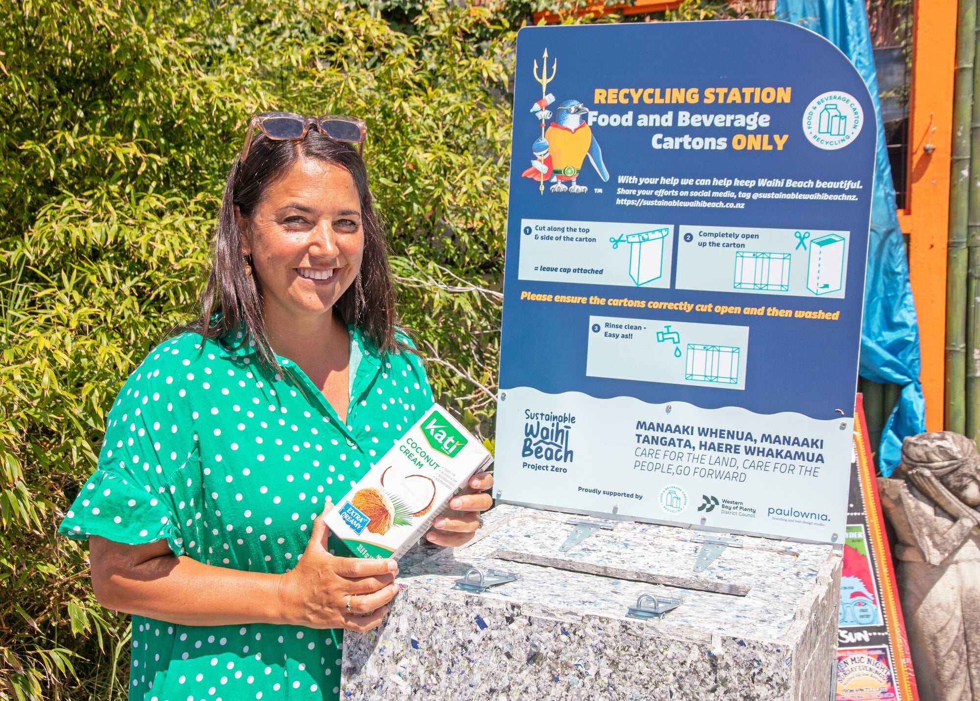  Waihī Beach School principal Rachael Coll placing a carton into the recycling station at the Secret Garden at Waihī Beach. Photo / Bob Tulloch