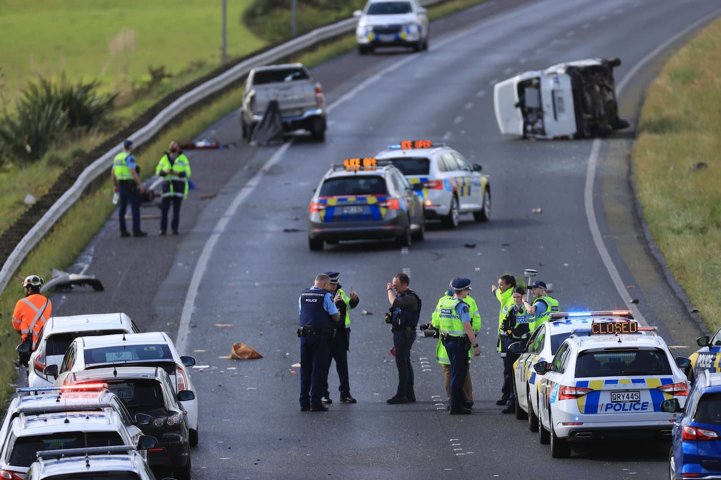 Traffic was backed up to Albany after Police closed the Northern Motorway south of Silverdale after a two-car crash. Photo / Hayden Woodward