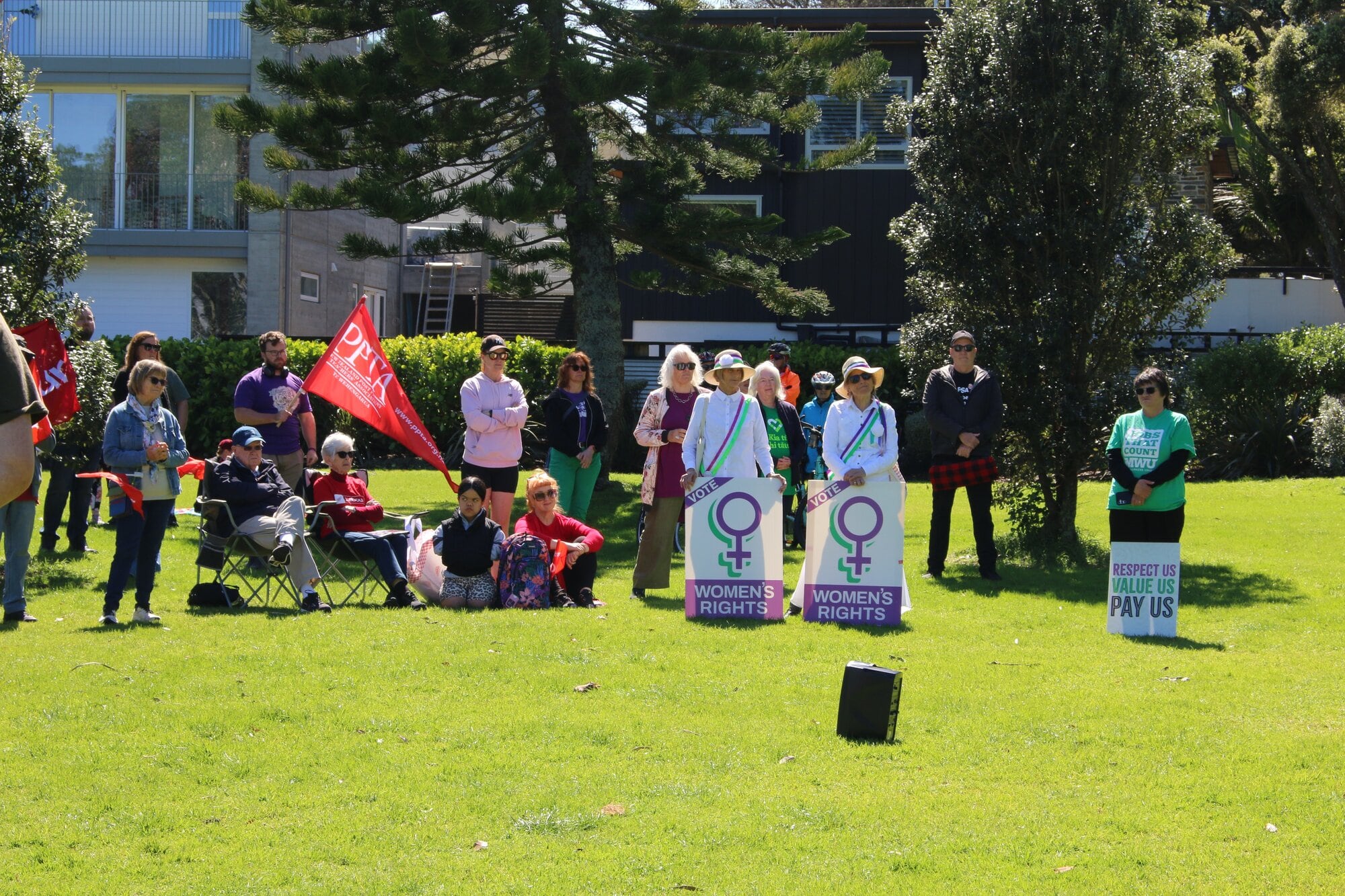 Protestors gathered for pay equity at Mount Drury on Saturday, September 20. Photo / Evie Thorne