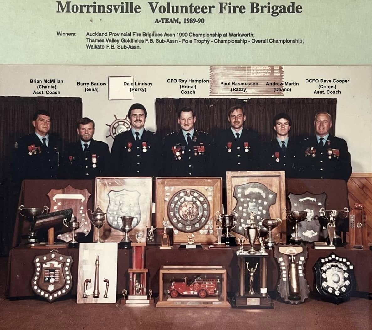 Dale Lindsay, third from left, during his time with the Morrinsville Volunteer Fire Brigade. Photo / Te Puke Volunteer Fire Brigade Facebook