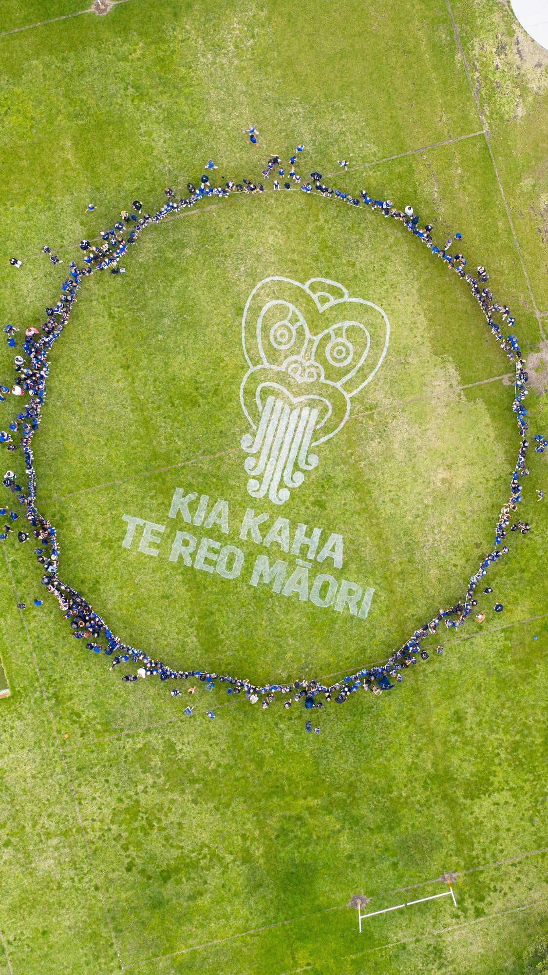 Kenrick Smith, Land Artist, painted Te Wiki o Te Reo Māori logo on Pāpāmoa Primary School's field. Photo / Kenrick Smith