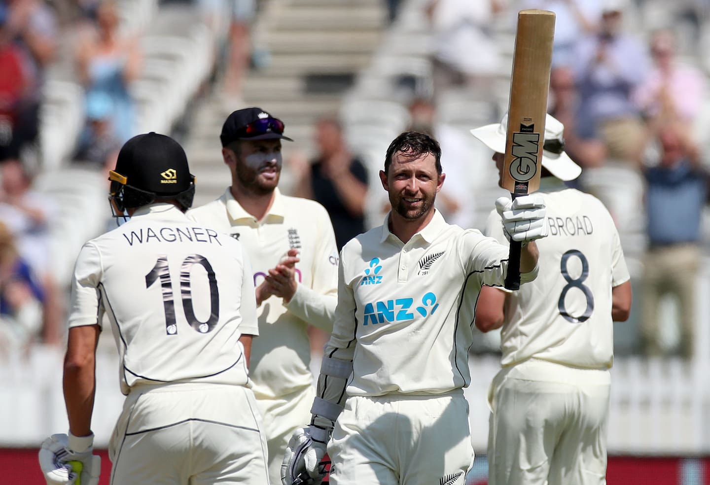 Devon Conway celebrates 200 on test debut against England (2021). Photo / Photosport