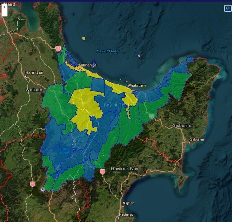 The Bay of Plenty will move into a restricted fire season from 5pm today. The yellow on this map indicates the high-risk fire areas in the region. Image / Fire and Emergency New Zealand screenshot