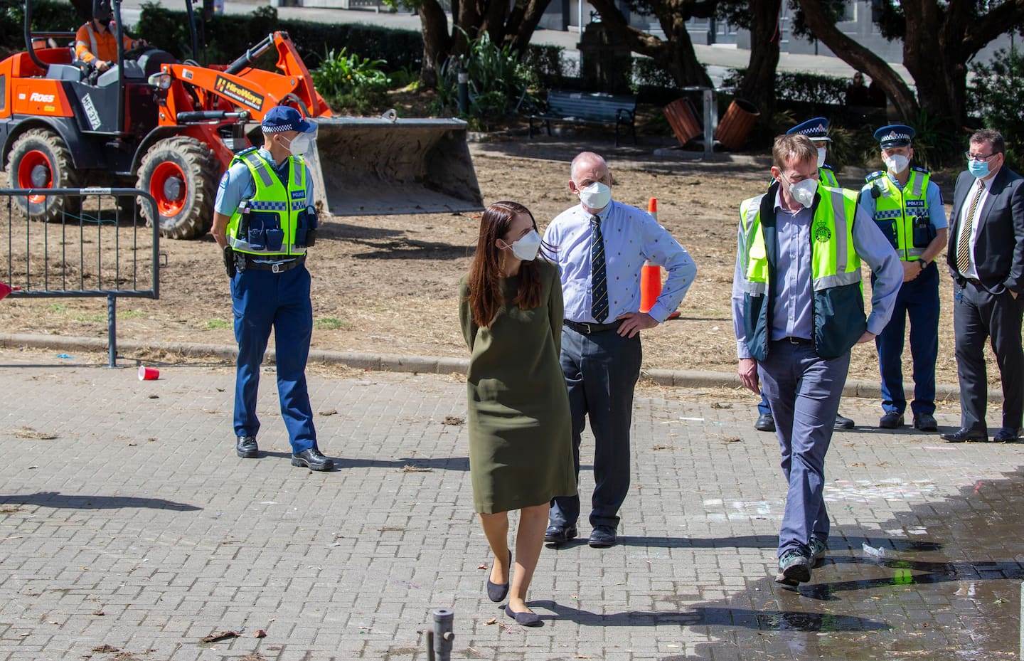 Former Prime Minister Jacinda Ardern with then-Speaker Trevor Mallard, inspecting the damage after the anti-mandate protest at Parliament ended. Photo / Mark Mitchell