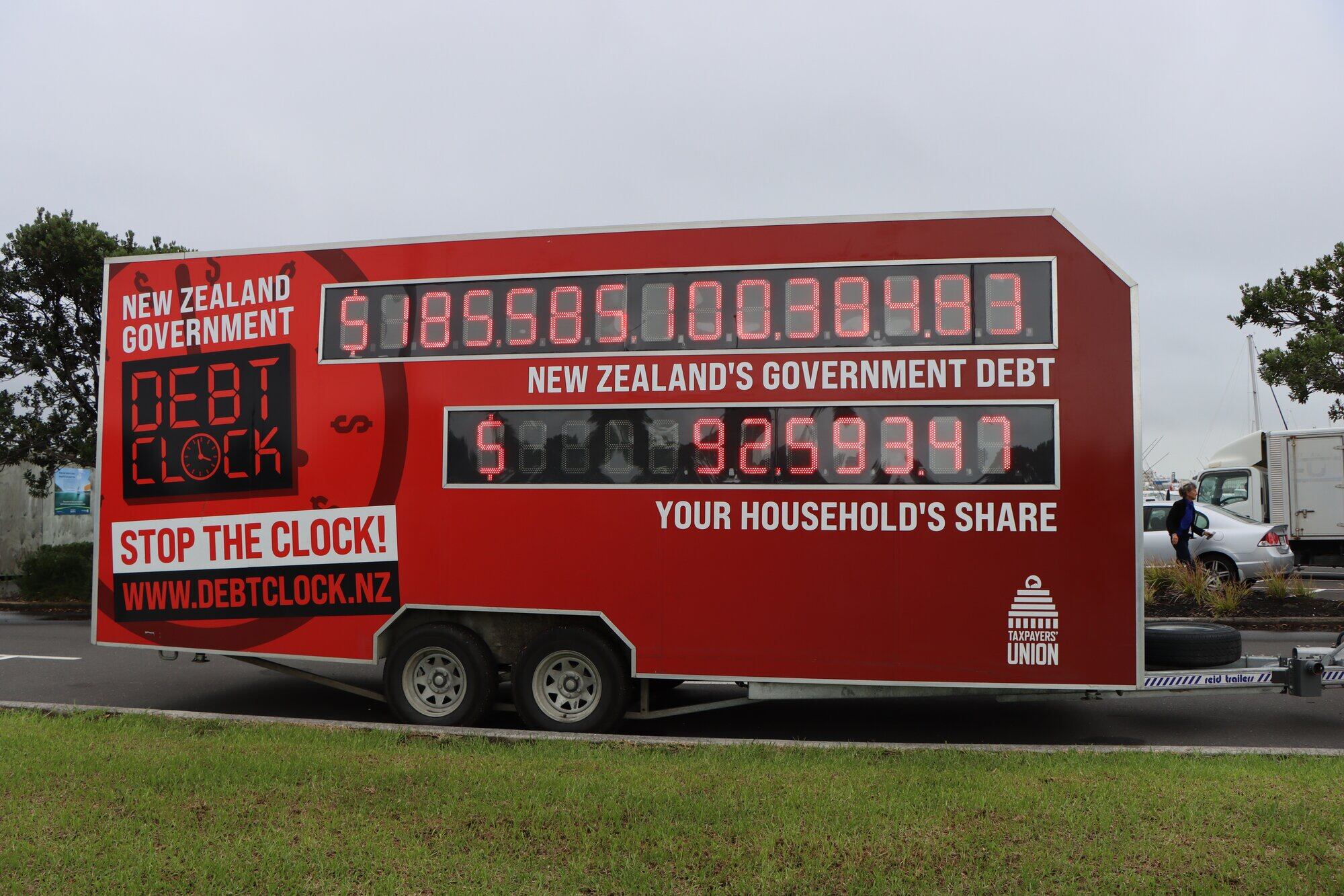 The Debt Clock tour will end on May 15 outside the Beehive in Wellington. Photo / Ayla Yeoman