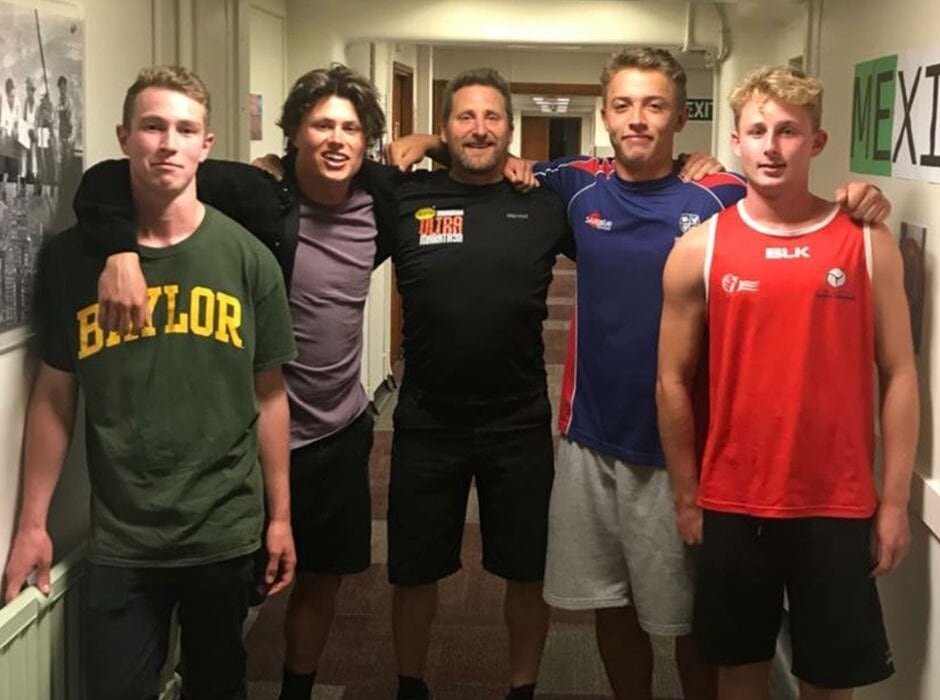  Bryn Fredheim, second from left, and Ryan Forlong, far right, pictured on their first day at Cumberland College with some of their mates from Tauranga. Photo / Supplied / University of Otago