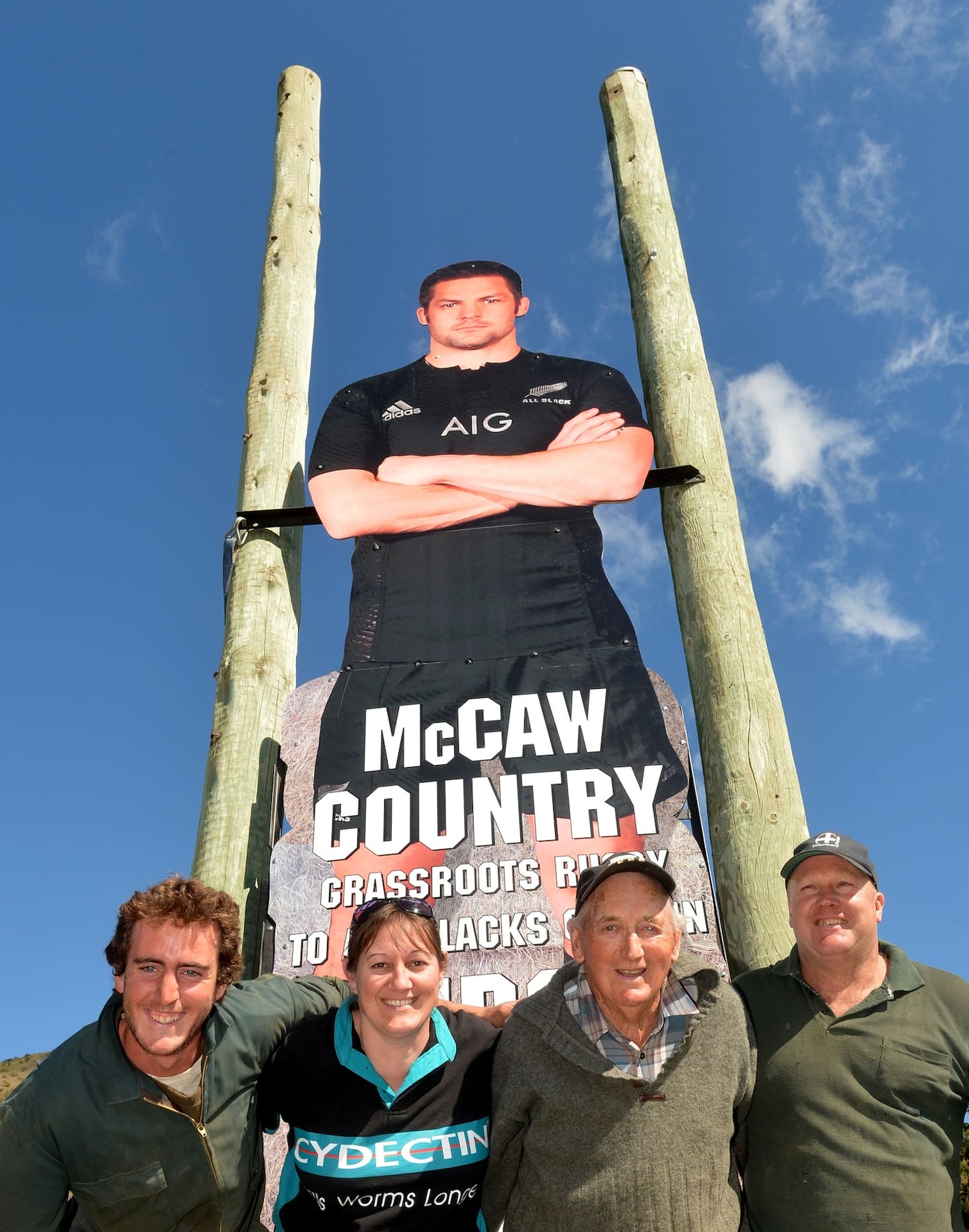 The large cardboard cut-out of McCaw, alongside signage appealing for donations for the project, remains situated in the centre of town along State Highway 83. File photo / Hamish Mclean