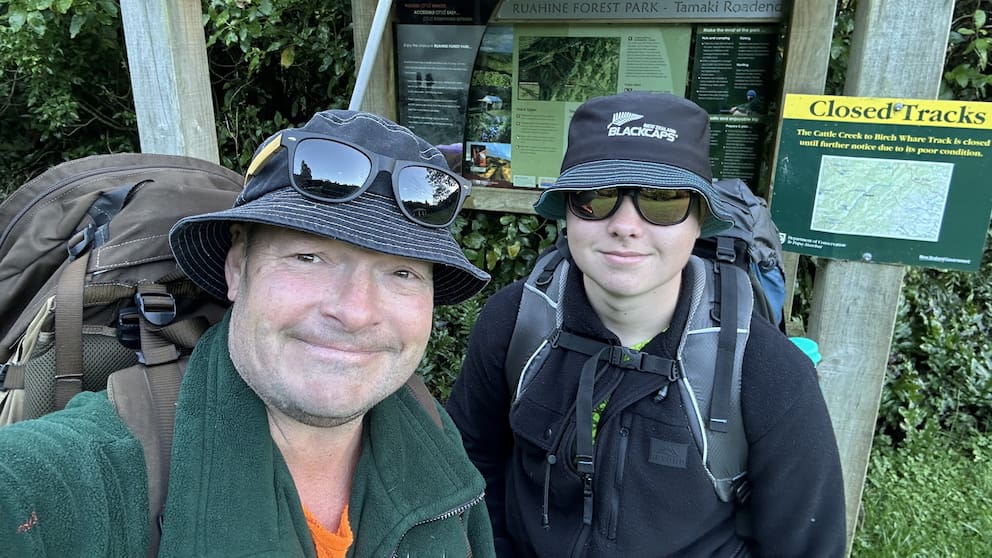 Mark (left) and Connor Gilmour became lost in the Ruahine Forest Park in Tararua but were found later after a decision to call for help. Photo / Mark Gilmour