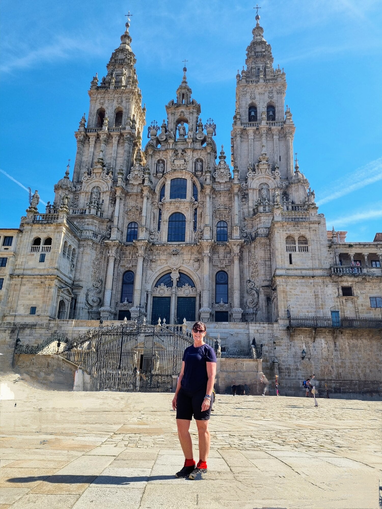  Kirsty Harwood in front of the Santiago de Compostela Cathedral. Photo / Supplied