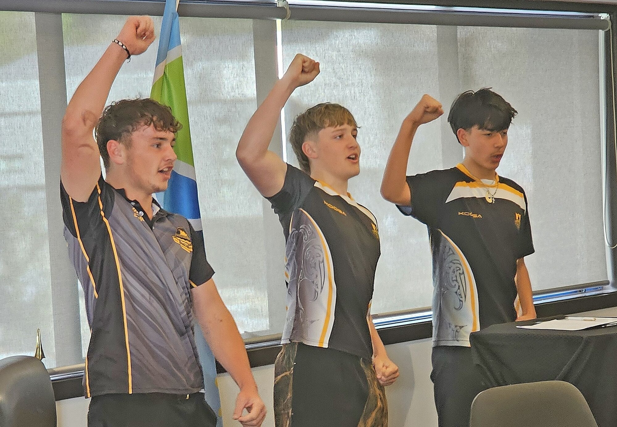 Jack Karetai-Barrett (centre) and his friends Braydon Sharp and Zane Windle performed a haka in honour of Jack’s mother, Kōhi Māori councillor Mawera Karetai.