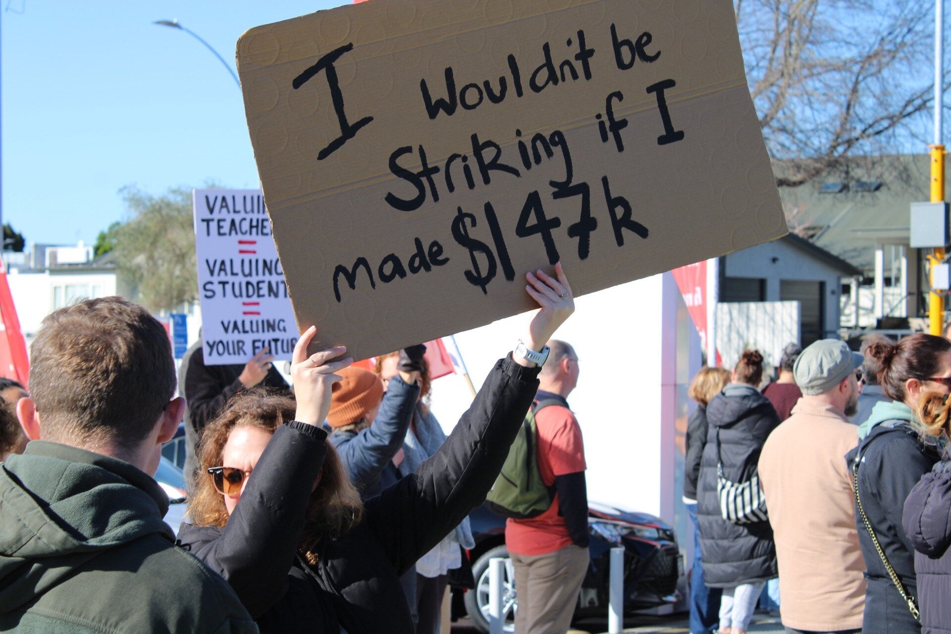 The march ended at a picket line at the Cameron Rd and Elizabeth St intersection. Photo / Ayla Yeoman