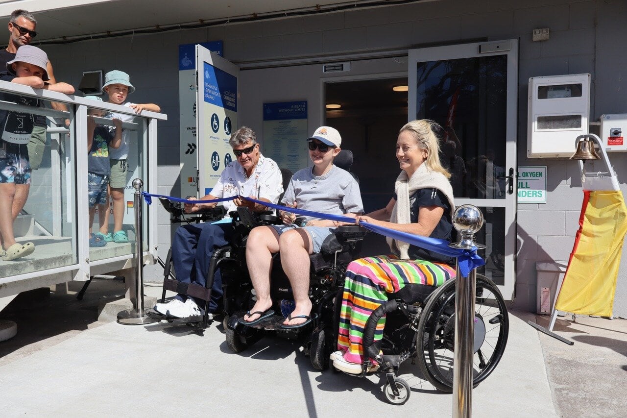  Dave MacCalman, Emmet Schaare and Dame Catriona Williams open the Accessible Changing Facility at Waihī Beach. Photo / Supplied