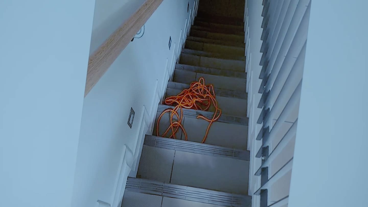 A police evidence photo of rope found at Philip Polkinghorne's Remuera home. The Crown alleges he murdered wife Pauline Hanna and staged her death as a suicide.