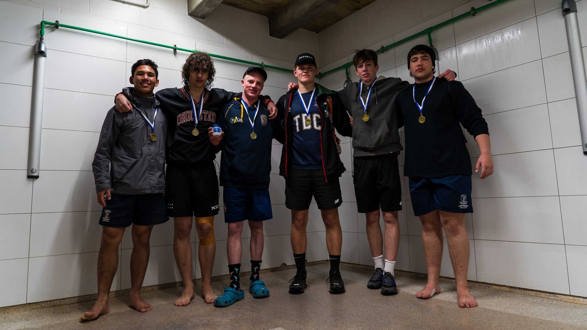  Tauranga Boys' College 2023 Fortress 40 participants 30 minutes after completing the 40 hours. They were the first to do the challenge, including co-founders Jake Corney, third from the left, Kane McBrydie, fourth from the left. 