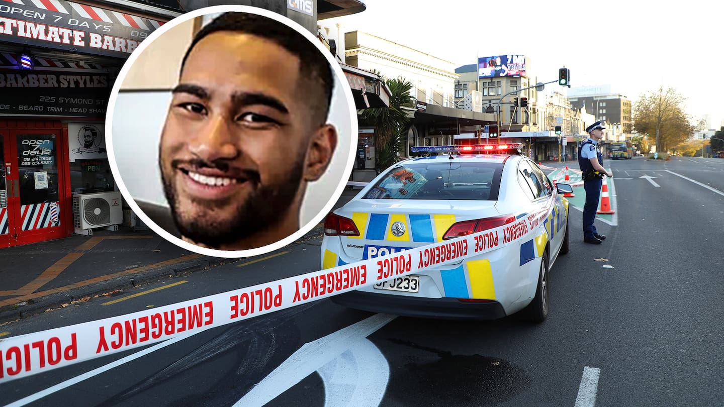 Police investigate the scene in Auckland Central where MMA fighter Fau Vake (inset) was hit with a fatal "coward punch".