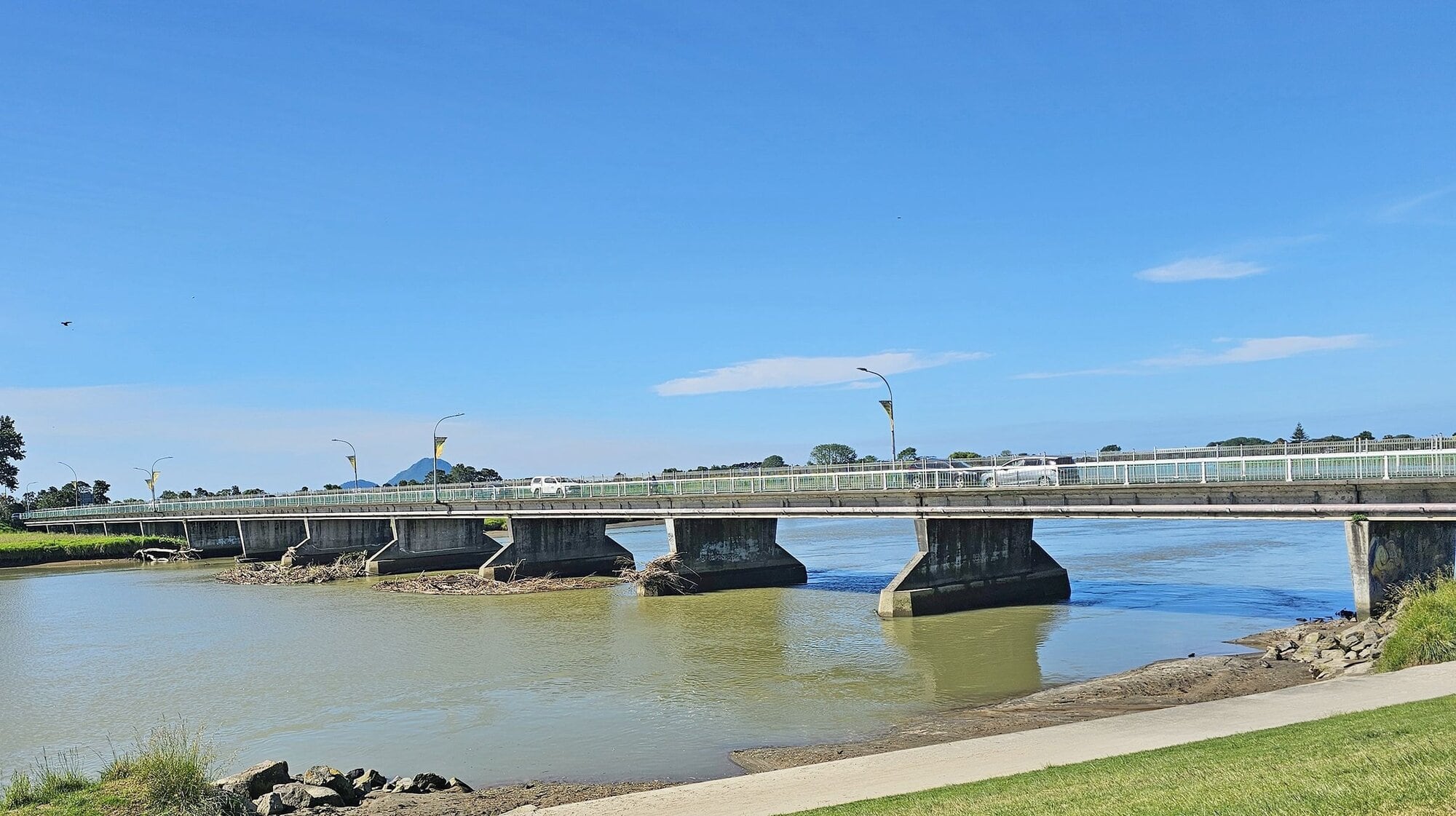  Three piers of Whakatāne Bridge have a build-up of debris from recent storms, mostly wood but also containing a horse carcass. Photo / Diane McCarthy